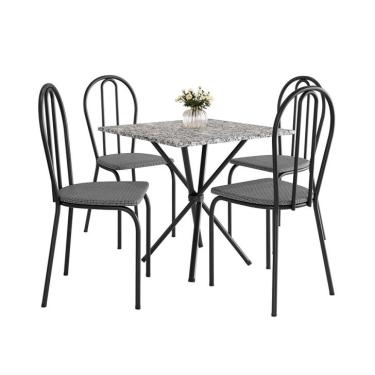 Imagem de Conjunto de Mesa Quadrada com Tampo Granito e 4 Cadeiras Léia Revestimento Sintético Preto e Platina