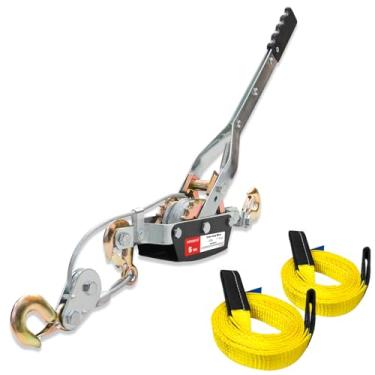 Imagem de YATOINTO Guincho manual de 5 toneladas Come Along com 3 ganchos extrator de guincho de cabo de catraca duplo resistente com duas alças de elevação de 3,5 cm x 2,5 m extrator de grua de reboque