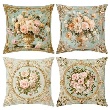 Imagem de BVBOX Pacote de 4 capas de almofada quadradas - fronhas decorativas macias para sofá, sofá, pátio, quarto - padrão colorido moderno 45 x 45 cm (flores, 18 x 18)