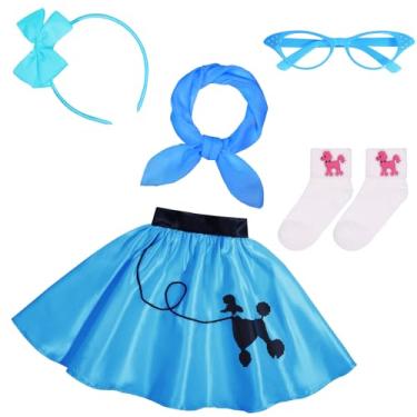 Imagem de Rayekrot Fantasias dos anos 50 para meninas, conjunto de saia poodle rosa dos anos 50 com óculos de olho, cachecol e faixa de cabeça (azul, 8 a 10 anos)