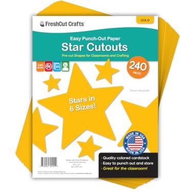 Imagem de 240 recortes de estrelas, cartolina dupla face feita nos EUA, estrelas douradas para quadros de avisos, decoração de sala de aula, projetos de artesanato DIY de volta às aulas, decoração de festa