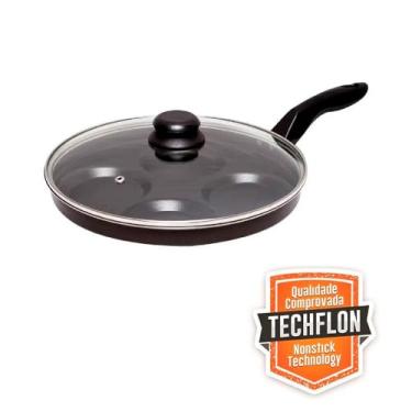 Imagem de Frigideira 4 em 1 Antiaderente com Tampa de Vidro – Divisórias para Ovos, Hambúrgueres e Panquecas, Ideal para Café da Manhã Saudável