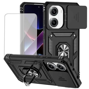 Imagem de Yodueiv Capa para Poco X7 Pro 5G com protetor de tela de vidro temperado e capa de câmera deslizante, anel magnético suporte suporte de carro capa protetora para Xiaomi Poco X7 Pro 5G preta
