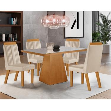 Imagem de Conjunto Sala de Jantar Mesa Prada com Tampo de Vidro 120cm e 4 Cadeiras em MDF Florença LJ Móveis - Castanho Cinamomo/ Creme/Off White