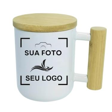 Imagem de Caneca de Cerâmica Branca com Tampa e Alça de Bambu, 325ml, Personalizável com Foto ou Logo