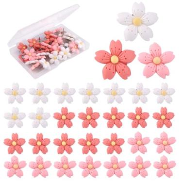 Imagem de lasuroa 30 Peças Alfinetes de Pressão de Flores, Alfinetes Pressão Decorativos Polegar Fofas para Quadro Avisos Mapa Material Escolar (Estilo Flores Cerejeira)