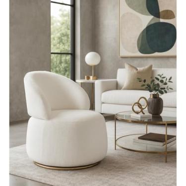 Imagem de Poltrona Giratória com Base Dourada em Aço Carbono Bella - Exclusiva Bouclé Off White