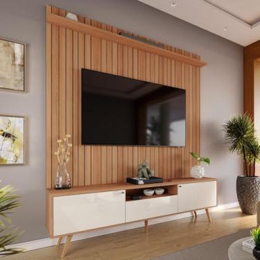 Imagem de Rack com Painel Sevilla - Mdp Efeito Ripado 3d Jequitibá/off White - Lukaliam Móveis