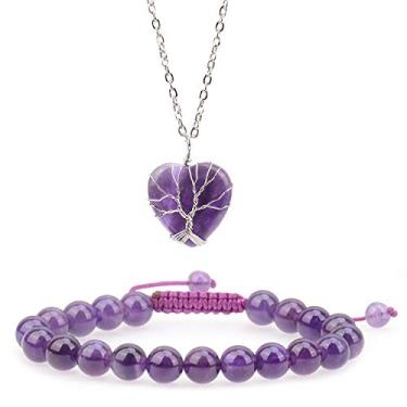 Imagem de LPBeads Colar de pedra de cristal de cura de coração com pingente de chacra árvore da vida com pulseira e bolsa de joias, Pedra
