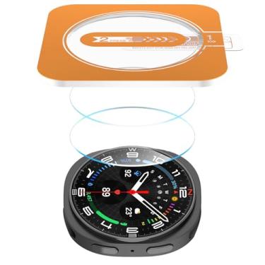 Imagem de SWUU Pacote com 2 protetores de tela compatíveis com Samsung Galaxy Watch vidro temperado com moldura de instalação automática, dureza 9H, antiarranhões, à prova de choque, clareza HD, sem bolhas