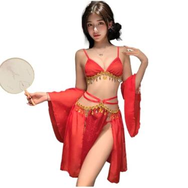 Imagem de QNCLO Fantasia feminina exótica de dançarina cosplay retrô estampada quimono lingerie (vermelha)