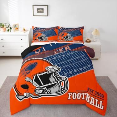 Imagem de Erosebridal Conjunto de edredom solteiro para fãs de futebol americano, para decoração de quarto de crianças, meninas, meninos, adolescentes, jogos, rúgbi, laranja, azul-marinho, 2 peças (Denver)