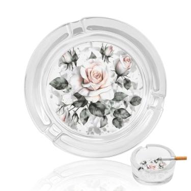 Imagem de Cinzeiro de vidro de cristal rosa floral em aquarela branca, cinzeiro redondo de vidro resistente, cinzeiro moderno decorativo portátil para uso em casa, escritório, interior, exterior, pátio