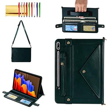 Imagem de Capa de mão para Samsung Galaxy Tab S8 Plus/S7+/S7 FE de 12,4 polegadas, capa carteira transversal Techcircle com alça de mão/alça de ombro/bolso para caneta/porta-cartão, verde meia-noite