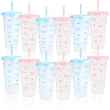 Imagem de 12 peças de copos de plástico azul e rosa de 680 g com canudo e tampa, copos frios reutilizáveis para decoração de festa de aniversário de chá de bebê de casamento