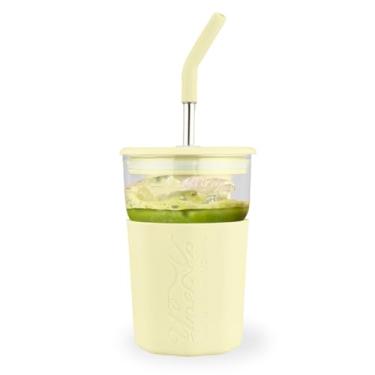 Imagem de wangsdjy Copo de vidro de 425 g com canudo e tampa - xícara de café gelado, copo de smoothie com manga de silicone e coador de chá, copo de vidro para vitaminas, chá de flores, café, sucos (amarelo)