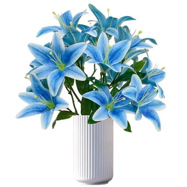 Imagem de ARTIFIPLANT Flores artificiais de lírio azul, 6 peças, ramo de lírio de tigre de haste longa de 58 cm com 3 flores completas e 4 folhas, flor de lítio de toque real de látex para buquê de casamento