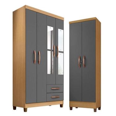 Imagem de Guarda Roupa Solteiro Modena Com Espelho 4 Portas E Armário Multiuso Egito Carvalho Americano Grafite – Incorplac