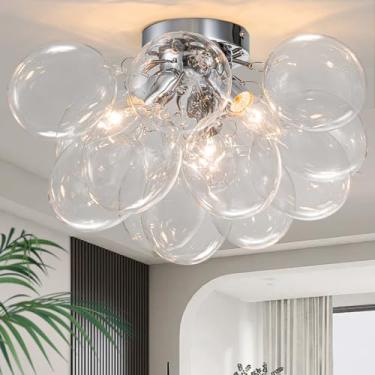 Imagem de GoYeel Lustre De Teto Moderno Com Luzes De Cozinha, Luminária Embutida De Teto Com Bolhas De Vidro, Luminária De Entrada Com 3 Luzes De 17,72 Pol. E 13 Globos Para Quarto, Hall De Entrada E Sala De