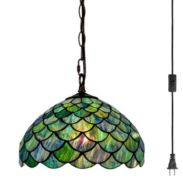 Imagem de GILGGAK Luminária pendente de vidro manchado estilo Tiffany, lâmpada suspensa com design de escama de peixe de 30,5 cm de largura, corrente de 15 pés, cordão de 30,5 cm, sala de jantar, quarto