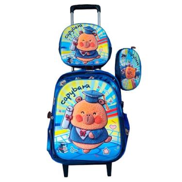 Imagem de Kit Mochila Capybara Azul em 3D com Rodinhas + Lancheira Térmica + Estojo Escolar Infantil da Capivara em Alto Relevo Menino