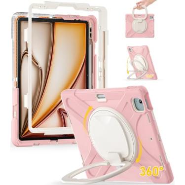 Imagem de BRAECN Capa infantil para iPad Air 13 M3 2025/M2 2024 e iPad Pro 12,9 (6ª/5ª/4ª/3ª geração), capa de silicone resistente com suporte de anel giratório 360/suporte/alça de ombro/suporte para lápis