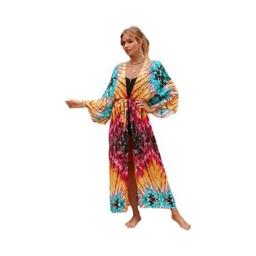 Imagem de Kimono Colorido Para Mulheres, Saída De Praia, Robe Longo Para Piscina