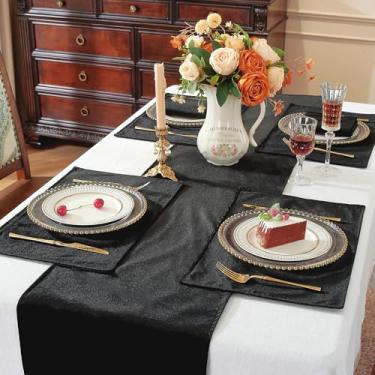 Imagem de Conjunto de 7 peças reversível de veludo esmagado para mesa e jogo americano, tapetes de jantar e caminho de mesa laváveis luxuosos, resistentes ao calor, elegante decoração vintage de casa de fazenda