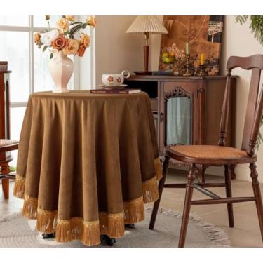 Imagem de F-CHU Toalha de mesa camel grossa de veludo com lindas borlas douradas, toalha de mesa vintage para decoração de casa, casamento, festa, banquete e eventos, redonda de 178 cm