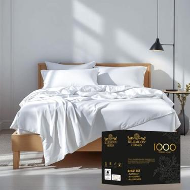 Imagem de Bluemoon Homes Jogo de lençol casal de 1000 fios de algodão egípcio de 4 peças - lençol com elástico total de 45,7 cm de profundidade, extra macio e melhor lençol - jogo de cama casal branco natural