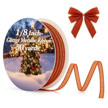 Imagem de Norme Fita metálica com glitter de 1/20.3 cm para artesanato DIY, 50 metros fita de tecido de costura brilhante para presente para Natal, casamento, aniversário, chá de bebê (vermelho)