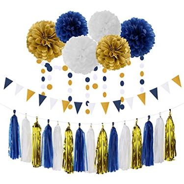 Imagem de Kits de decoração de festa em ouro branco azul marinho 23 peças - flores de papel, bandeiras de faixa, faixa de círculo, guirlanda de borla, menino, aniversário, chá de bebê, gênero, revelação, formatura, despedida de solteira, surpresa duradoura