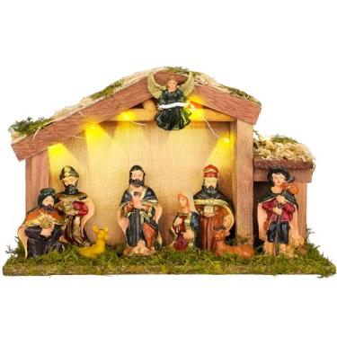 Imagem de WIOR Conjunto de presépio de Natal interno, presépio iluminado por LED e bonecos de resina com anjo estável de madeira, manjedoura para lareira de mesa, prateleira de Natal, decoração de casa interna