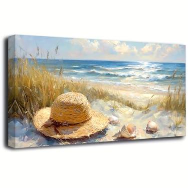 Imagem de Arte de parede em tela impressa com chapéu de palha de praia para sala de estar, escritório, decoração de parede de quarto, impressões de arte de parede de paisagem de paisagem azul e amarela moderna