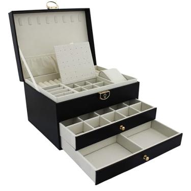 Imagem de Porta Joias Organizador com 3 Gavetas, Multiuso, Fechadura com Chave, 23x17,5x13,5cm, Disponível em Preto, Branco e Rosa (Preto)