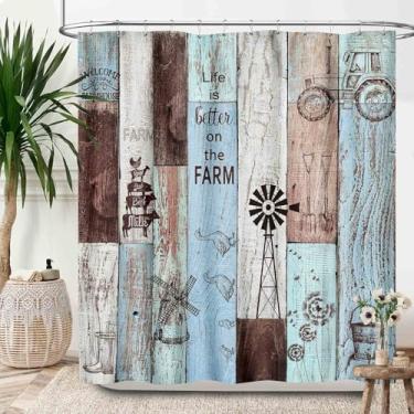 Imagem de Lnepty Cortina de chuveiro rústica para casa de fazenda, moinho de vento, vaca porco, animal de fazenda, retrô, porta de celeiro de madeira azul antigo, tecido à prova d'água, conjunto de cortina de