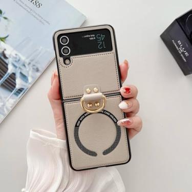 Imagem de Capa para Samsung Galaxy Z Flip6 de couro sintético com suporte magnético e carregador sem fio (para Samsung Galaxy Z Flip6/cinza)