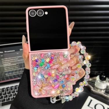 Imagem de Capa para Galaxy Z Flip6 com glitter de luxo, desenho animado, borboleta, cristal, pedra, pulseira brilhante (para Galaxy Z Flip6/rosa)