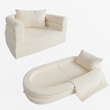 Imagem de Wonder Space Sofá infantil de espuma com cobertor e travesseiro, sofá conversível 3 em 1 pré-montado, espreguiçadeira para uso interno e cama aberta para meninos e meninas (marfim)