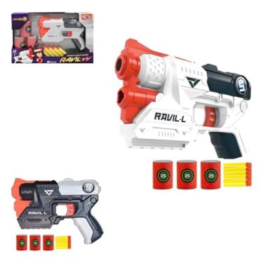 Imagem de Pistola Brinquedo Lança Dardos 9 Peças – Com 1 Pistola, 5 Dardos de Espuma Seguros e 3 Alvos em Formato de Latinha, Multicolorida