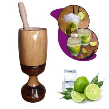 Imagem de Copo Caipira Grande Cuba Madeira Artesanal 500ml c/ Socador Pilão Kit 