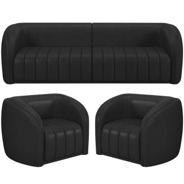 Imagem de Kit Sofá 4 Lugares Para Sala 252cm com 02 Poltronas Lazio M03 Corano Preto - Lyam Decor
