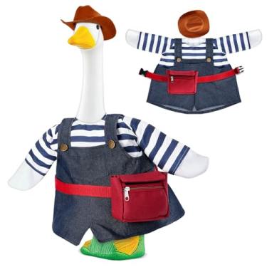 Imagem de Roupa jeans de ganso de varanda para estátua de ganso de gramado de plástico de cimento de 58 cm - chapéu de caubói, suspensórios e pacote de cintura vermelha para decoração de cimento ao ar livre