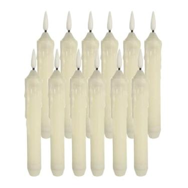 Imagem de Mxqdhx 12 velas afuniladas sem chama, velas afuniladas de LED cintilantes a granel marfim para dia das bruxas, Natal, casamento, igreja, festa de Páscoa, decoração de mesa, centro de mesa, amarelo