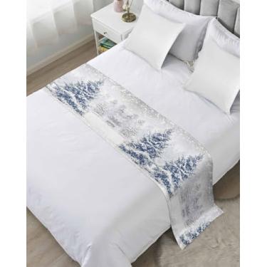 Imagem de DecorLovee Corredores de cama de árvore de Natal para cama king size, mantas decorativas para os pés da cama, árvore azul de Natal floco de neve inverno cama corredor sofá capa protetora de cachecol