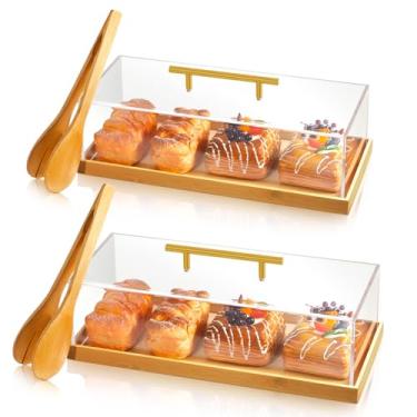 Imagem de FoldTier 2 conjuntos de bandejas retangulares para bolo com tampa 35,5 x 15,2 x 10,2 cm e 38 x 17,8 cm x 10,2 cm com base de madeira, suporte de acrílico para bolo, bandeja de servir para festa
