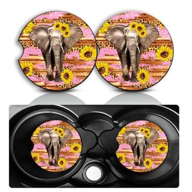 Imagem de Conjunto de 2 porta-copos de carro de elefante de girassol – Acessórios divertidos para carro de elefante 7 cm, tapete de borracha antiderrapante tamanho universal, porta-copos de inserção automática