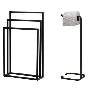 Imagem de Kit Toalheiro De Piso E Papeleira De Chão Lovell Preto Lavabo DHom