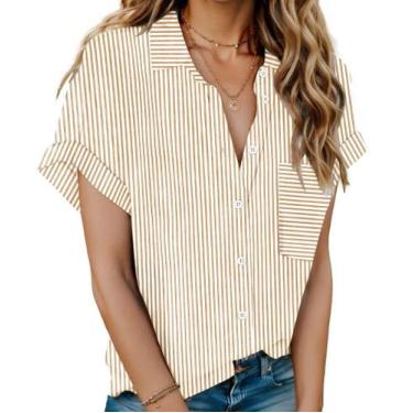 Imagem de Camisa feminina HOTOUCH listrada havaiana de algodão de manga curta