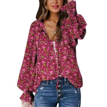 Imagem de Blusa feminina Biucly com decote em V, manga comprida, estampa floral,